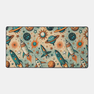 Whimsical Cosmic Rockets Stars Teal Coral Desk Mat
