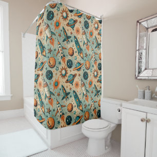 Whimsical Cosmic Rockets Stars Teal Coral Shower Curtain