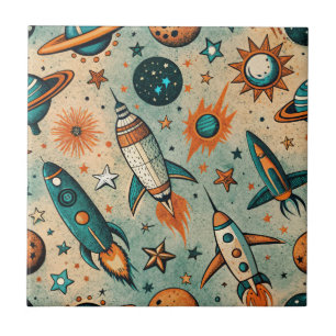 Whimsical Cosmic Rockets Stars Teal Coral Tile