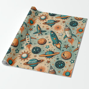 Whimsical Cosmic Rockets Stars Teal Coral Wrapping Paper