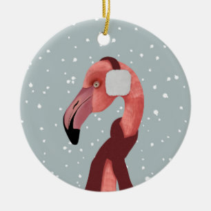 Whimsical Cosy Winter Flamingo With Scarf Ceramic Tree Decoration