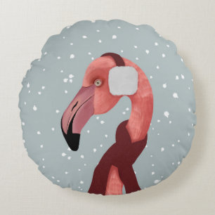 Whimsical Cosy Winter Flamingo With Scarf Round Cushion