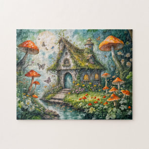Whimsical Cottage by Stream with Giant Red Mushroo Jigsaw Puzzle