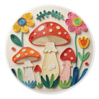 Whimsical Cottage Core Mushrooms & Flowers Ceramic Knob