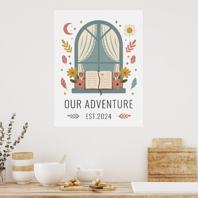 Whimsical Cottage Flowers Window Illustration Poster (Kitchen)