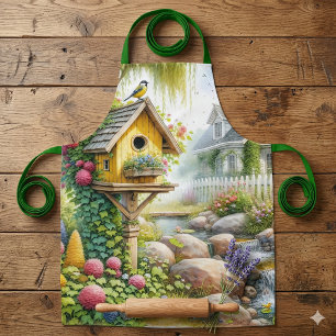 Whimsical Cottage Garden Birdhouse Stream Apron