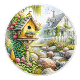 Whimsical Cottage Garden Birdhouse Stream Ceramic Knob