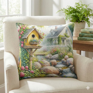 Whimsical Cottage Garden Birdhouse Stream Cushion