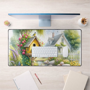 Whimsical Cottage Garden Birdhouse Stream Desk Mat