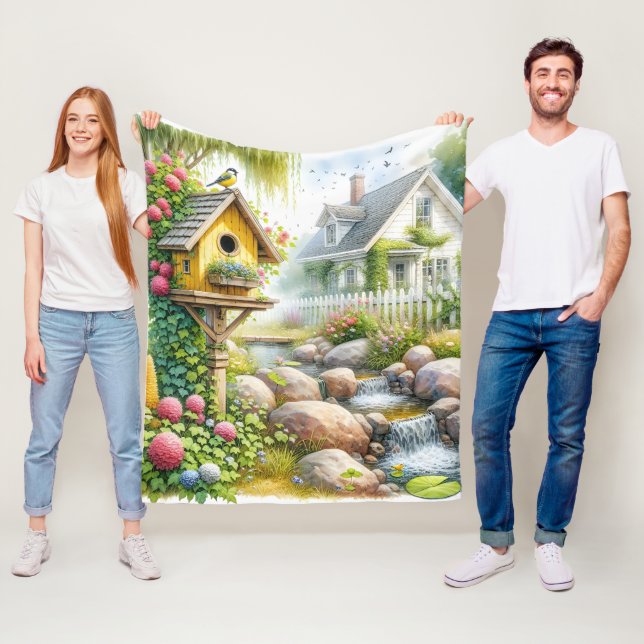 Whimsical Cottage Garden Birdhouse Stream Fleece Blanket (In Situ)