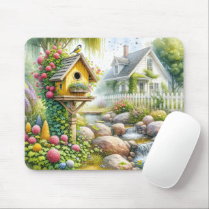 Whimsical Cottage Garden Birdhouse Stream Mouse Mat