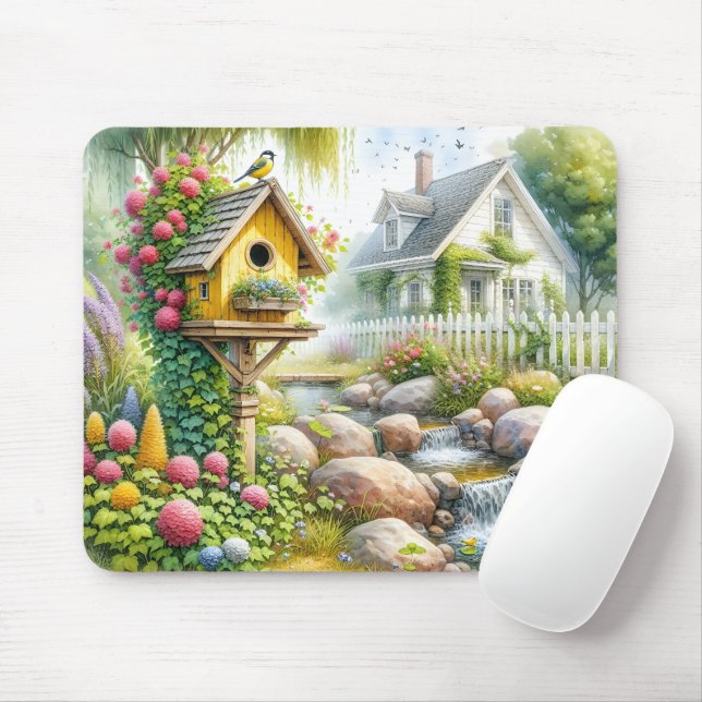 Whimsical Cottage Garden Birdhouse Stream Mouse Mat (With Mouse)