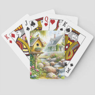 Whimsical Cottage Garden Birdhouse Stream Playing Cards