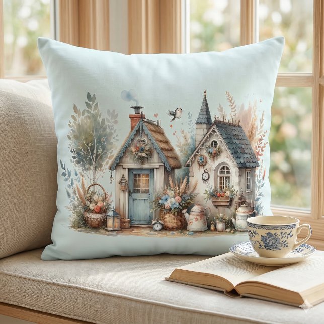 Whimsical Cottage Garden Cushion (Cottage Haven Floral Homes Illustration Throw Pillow In Window Seat)