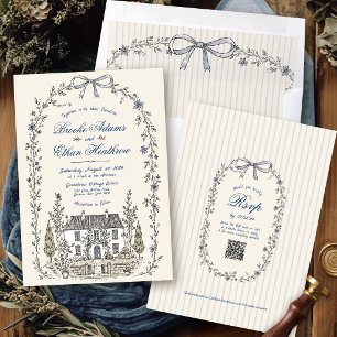 Whimsical Cottage Garden Floral Wreath Bow Wedding Invitation