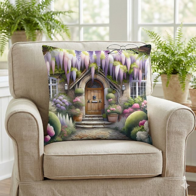 Whimsical Cottage Garden Pathway Cushion (Whimsical Cottage Garden Pathway Throw Pillow Mockup A)