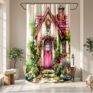 Whimsical Cottage Garden Pink House   Shower Curtain
