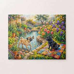 Whimsical Cottage Garden Pond Mops Illustration Jigsaw Puzzle