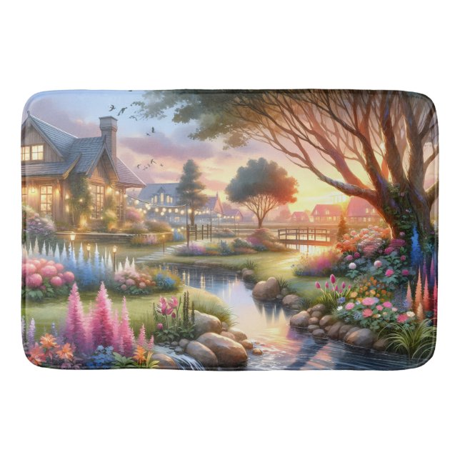 Whimsical Cottage Garden Sunset Bath Mat (Front)