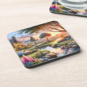 Whimsical Cottage Garden Sunset Coaster