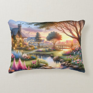 Whimsical Cottage Garden Sunset Decorative Cushion
