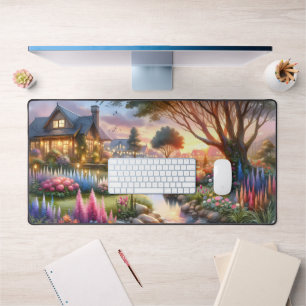 Whimsical Cottage Garden Sunset Desk Mat