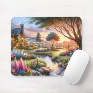 Whimsical Cottage Garden Sunset Mouse Mat