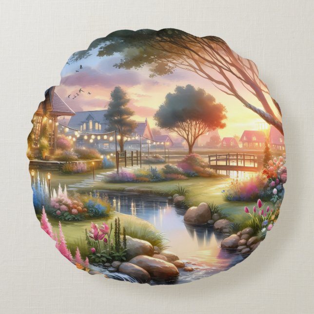 Whimsical Cottage Garden Sunset Round Cushion (Front)