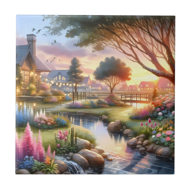 Whimsical Cottage Garden Sunset Tile (Front)