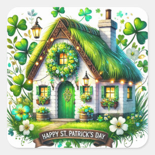 Whimsical Cottage St Patricks Day Illustration Square Sticker