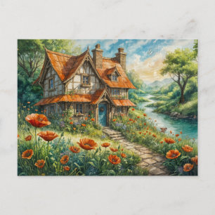 Whimsical Cottage with Poppy Flowers Postcard
