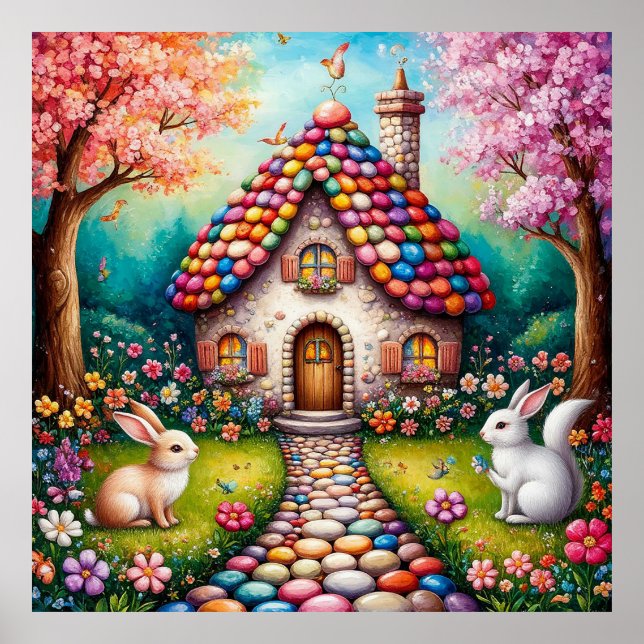 Whimsical Cottage With Rabbits Poster (Front)