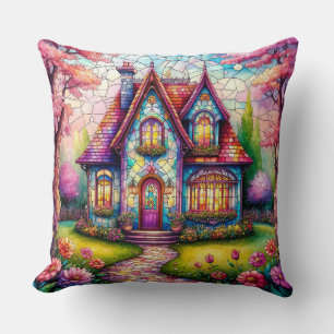Whimsical Cottage With Vibrant Flower Garden Cushion