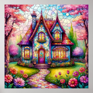 Whimsical Cottage With Vibrant Flower Garden Poster