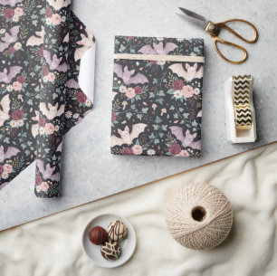 Whimsical Cottagecore Bats & Roses Wrapping Paper
