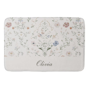 Whimsical Cottagecore Beige Monogram Name Floral Bath Mat