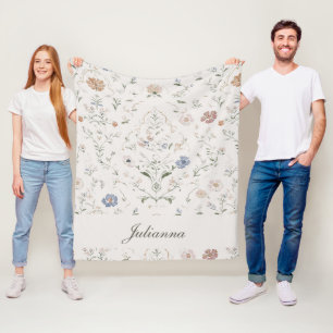 Whimsical Cottagecore Beige Monogram Name Floral Fleece Blanket