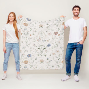 Whimsical Cottagecore Beige Watercolor Wildflower Fleece Blanket