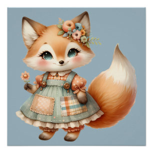 Whimsical Cottagecore Floral Pastel Fox Poster