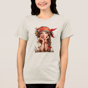 Whimsical Cottagecore Girl with Flowers and Red Ba Tri-Blend Shirt