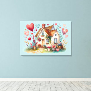Whimsical Cottagecore Heart House Art Canvas Print
