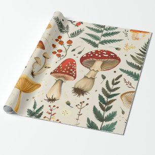 Whimsical Cottagecore Mushroom and Fern Wrapping Paper