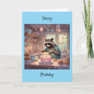 Whimsical-Cottagecore Racoon in kitchen Birthday Card