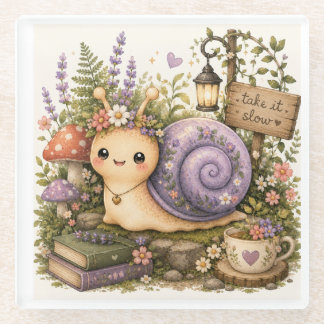Whimsical Cottagecore Snail Watercolor Art Glass Coaster