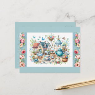 Whimsical Cottagecore Tea Garden Scene Postcard