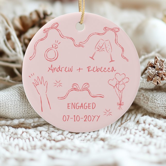 Whimsical couple engaged handdrawn doodle keepsake ceramic tree decoration (Creator Uploaded)