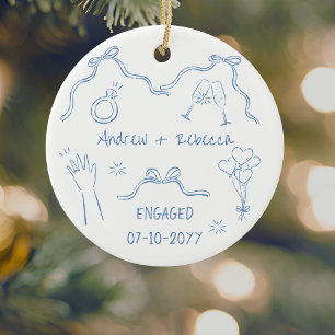 Whimsical couple engaged handdrawn doodle keepsake ceramic tree decoration
