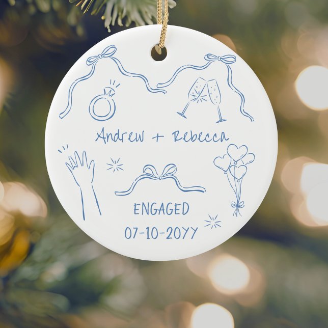 Whimsical couple engaged handdrawn doodle keepsake ceramic tree decoration (Creator Uploaded)