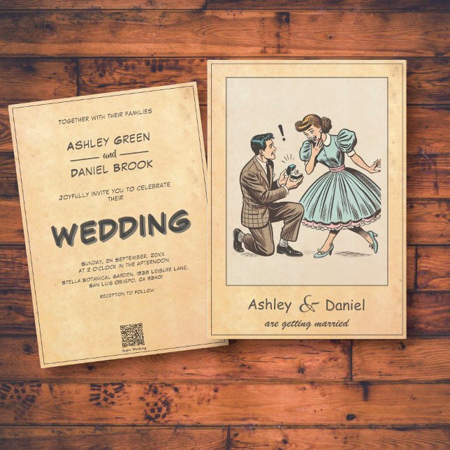 Whimsical Couple Proposal 50s Comic Wedding Invitation (Creator Uploaded)