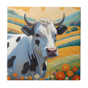 Whimsical Cow Colorful Vibrant Hills Tile
